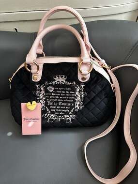 NWT Juicy Couture Velour Juicy Tale Quilted Crossbody Satchel Bag Black and Pink